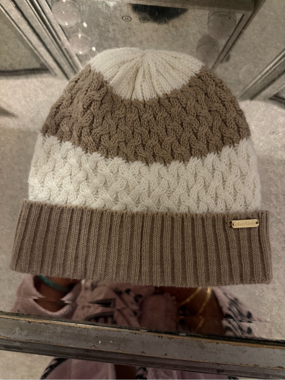 Calvin Klein Cable Knit Colorblock Beanie - Cream & Taupe